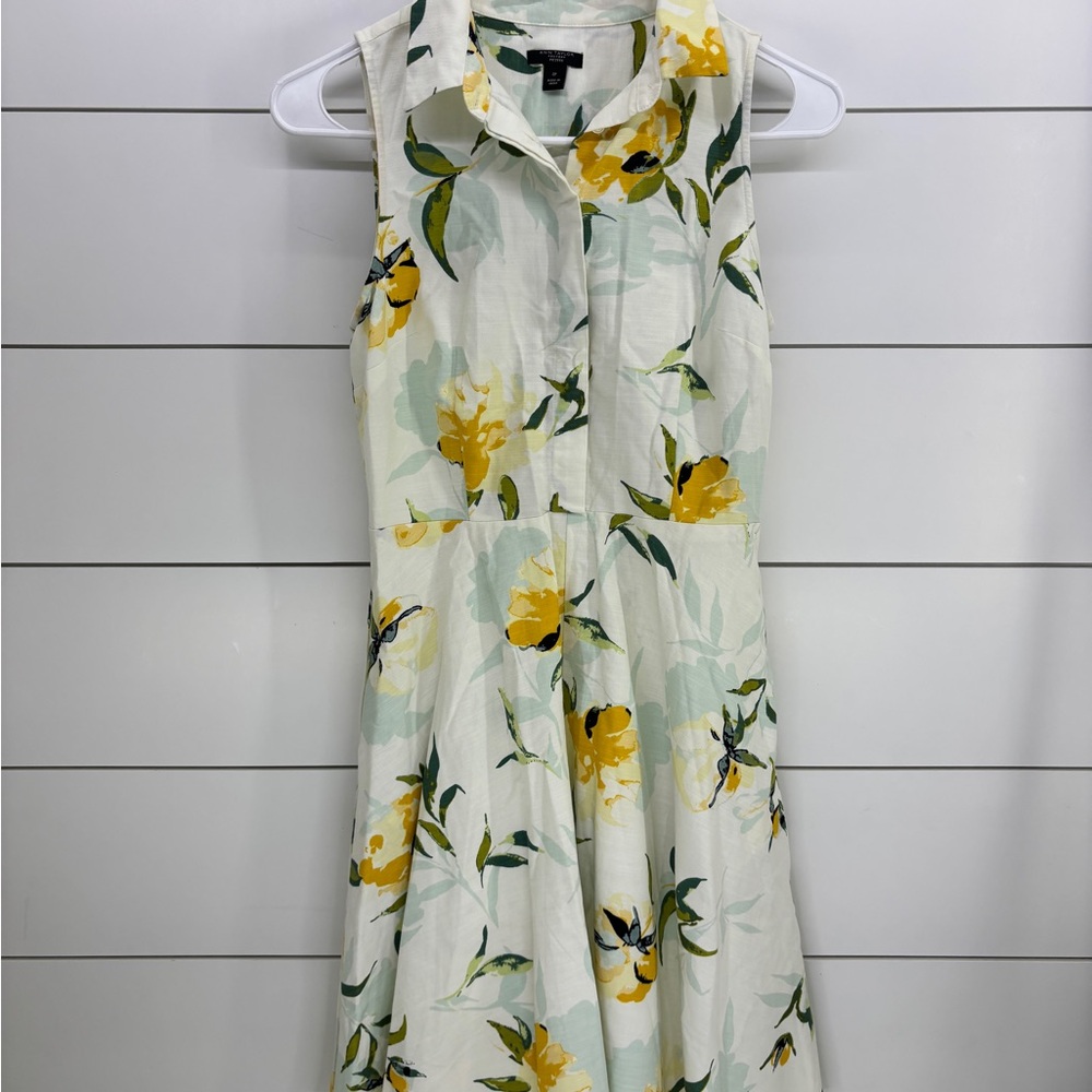 Ann Taylor Sleeveless Midi Dress in White with Yellow Floral Print
